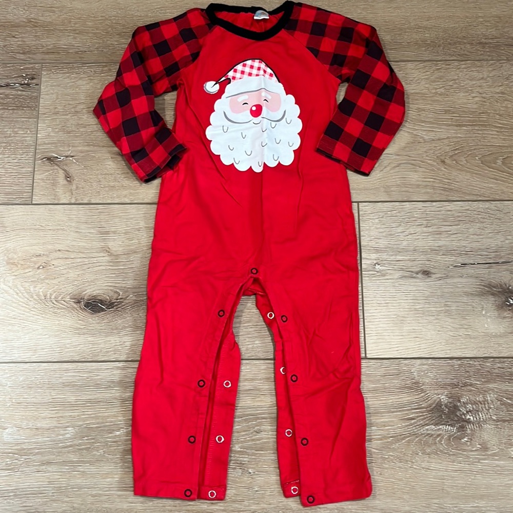 CHRISTMAS SANTA Cotton Onesie 3T - Snap Bottom and Neck Buffalo Plaid Check
